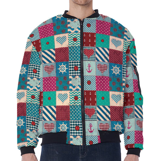 Retro Nautical Patchwork Pattern Print Zip Sleeve Bomber Jacket
