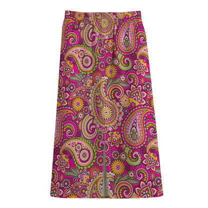 Retro Paisley Pattern Print Cotton Front Slit Maxi Skirt