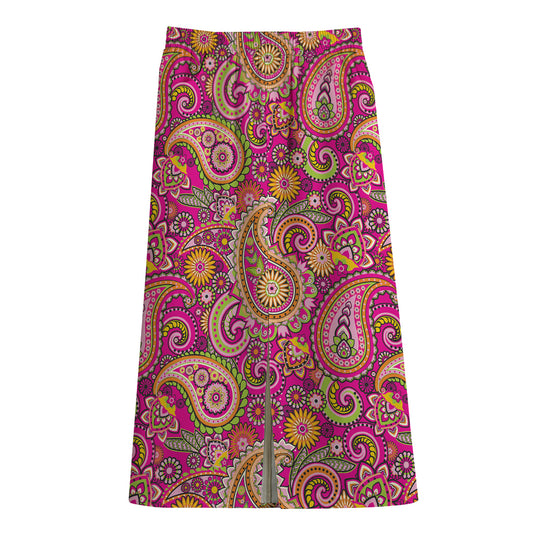 Retro Paisley Pattern Print Cotton Front Slit Maxi Skirt
