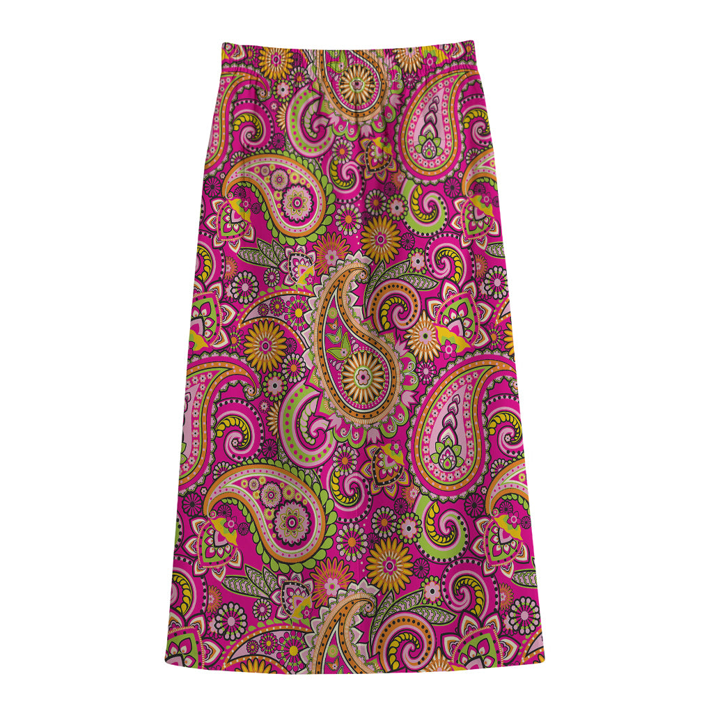Retro Paisley Pattern Print Cotton Front Slit Maxi Skirt