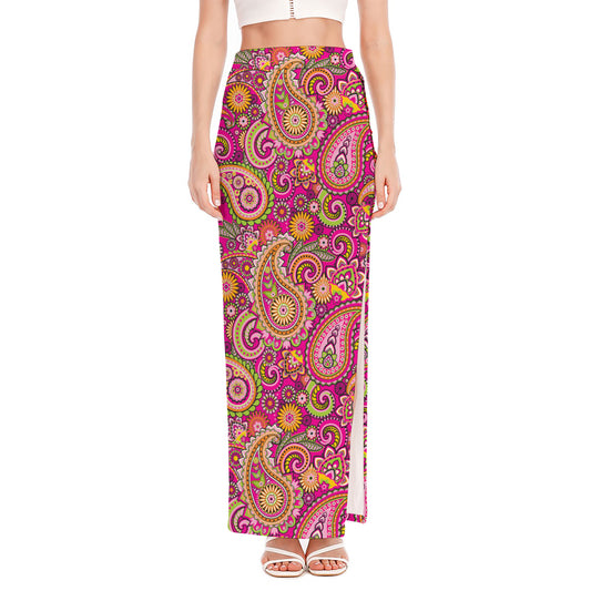 Retro Paisley Pattern Print High Slit Maxi Skirt
