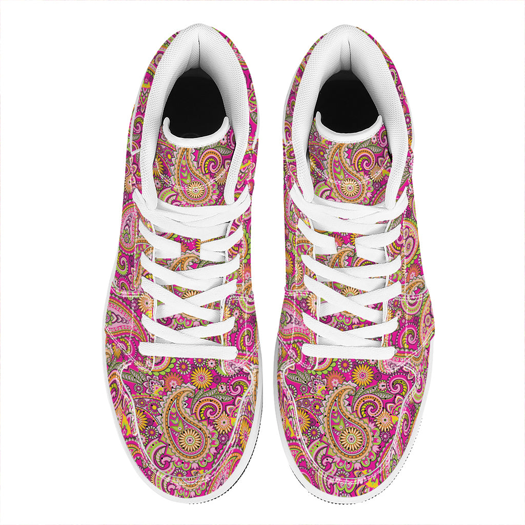 Retro Paisley Pattern Print High Top Leather Sneakers