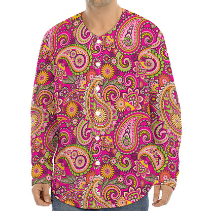 Retro Paisley Pattern Print Long Sleeve Baseball Jersey