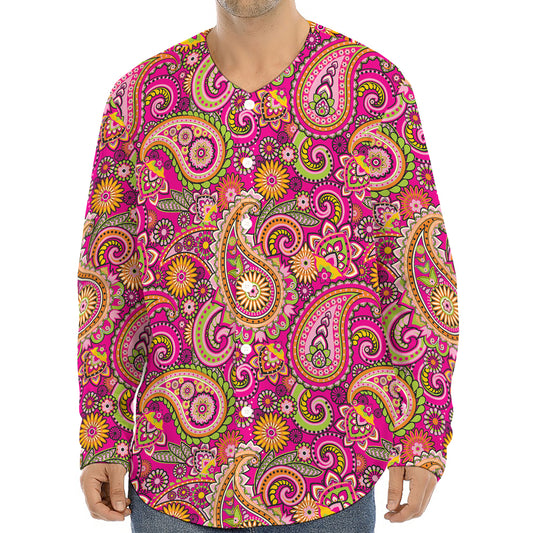 Retro Paisley Pattern Print Long Sleeve Baseball Jersey