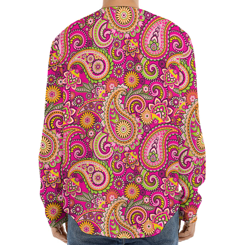 Retro Paisley Pattern Print Long Sleeve Baseball Jersey