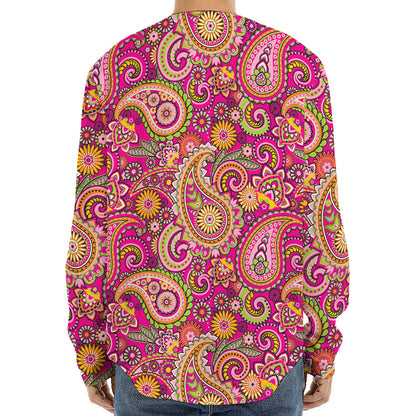 Retro Paisley Pattern Print Long Sleeve Baseball Jersey