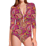Retro Paisley Pattern Print Long Sleeve Swimsuit