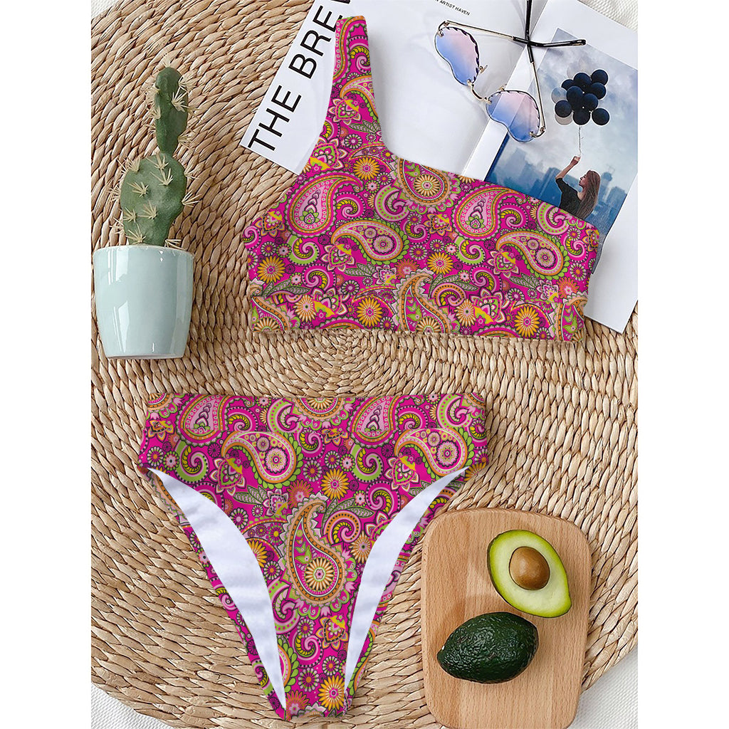 Retro Paisley Pattern Print One Shoulder Bikini Top