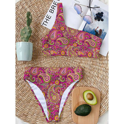 Retro Paisley Pattern Print One Shoulder Bikini Top