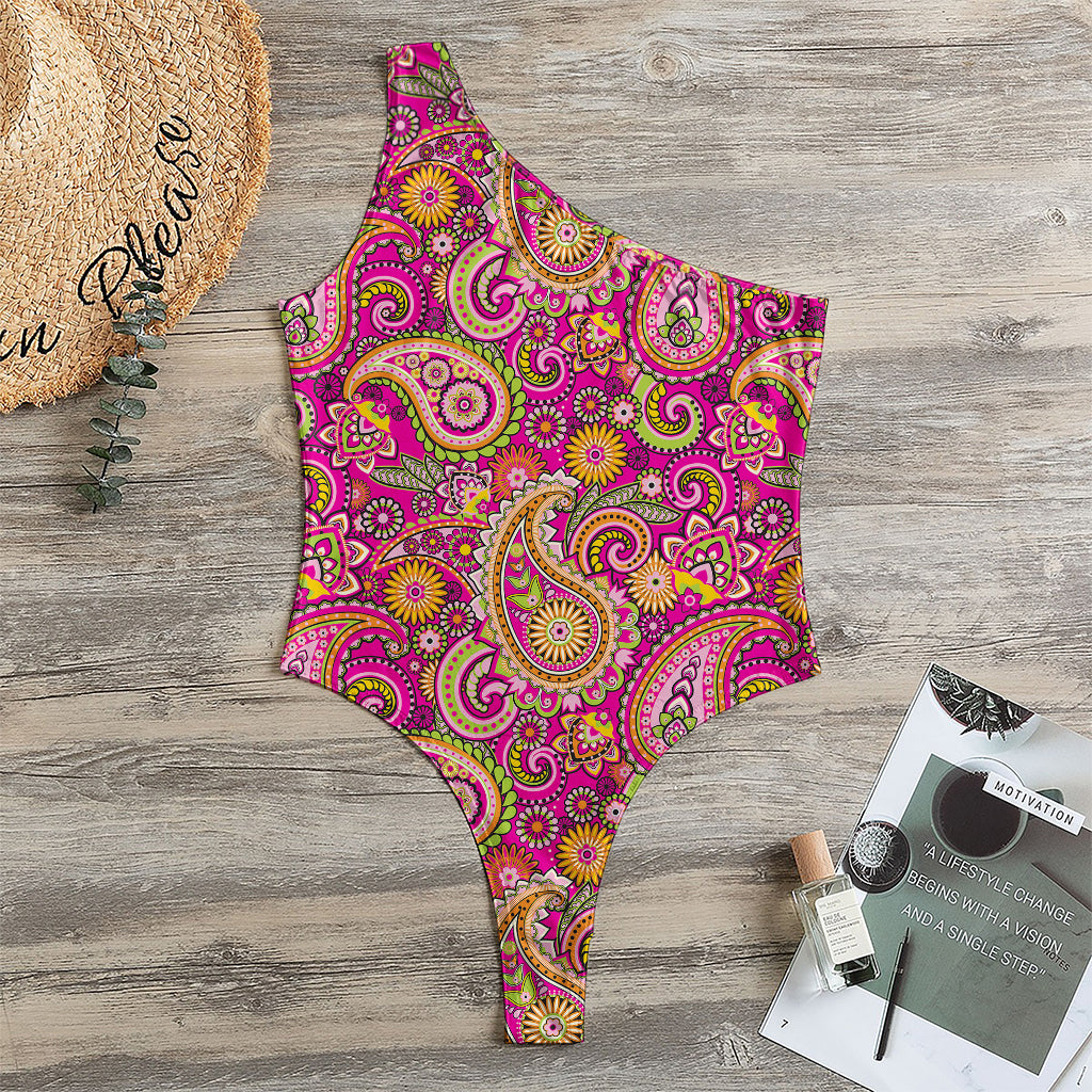 Retro Paisley Pattern Print One Shoulder Bodysuit