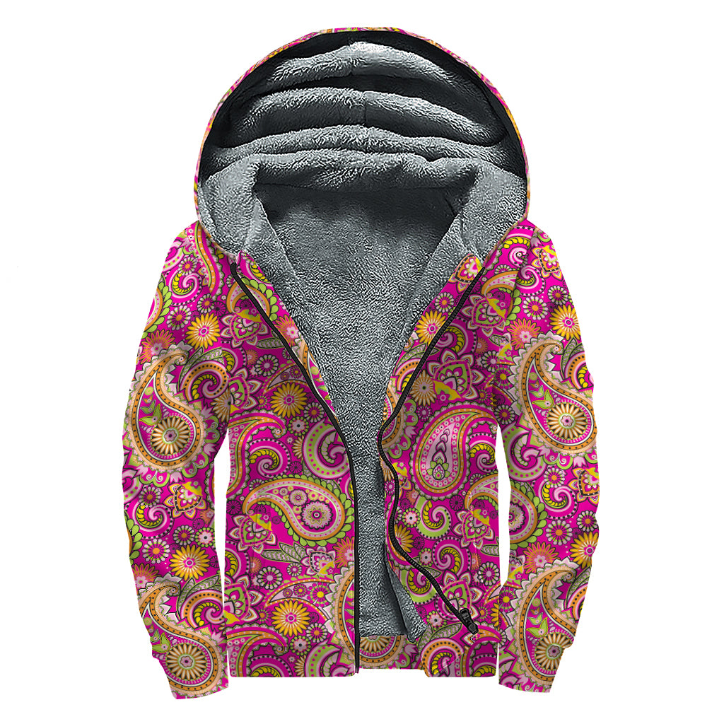 Retro Paisley Pattern Print Sherpa Lined Zip Up Hoodie