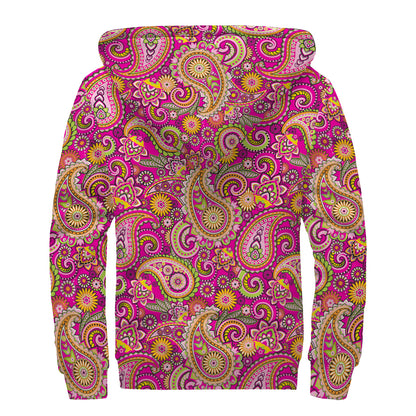 Retro Paisley Pattern Print Sherpa Lined Zip Up Hoodie