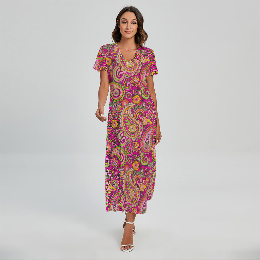 Retro Paisley Pattern Print Short Sleeve Maxi Dress