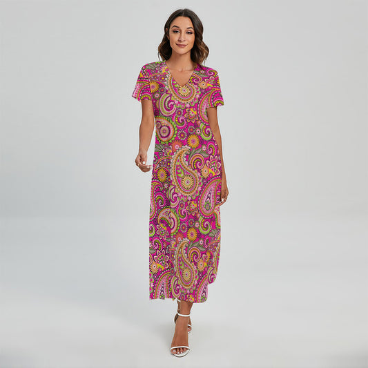 Retro Paisley Pattern Print Short Sleeve Maxi Dress