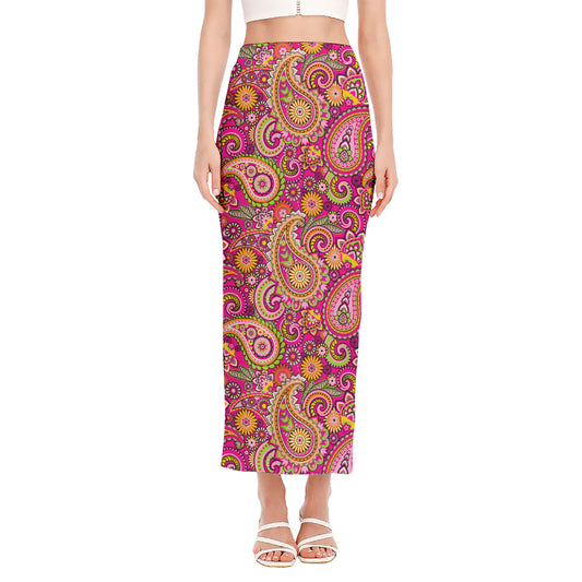 Retro Paisley Pattern Print Side Slit Maxi Skirt