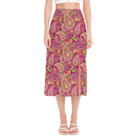 Retro Paisley Pattern Print Side Slit Midi Skirt