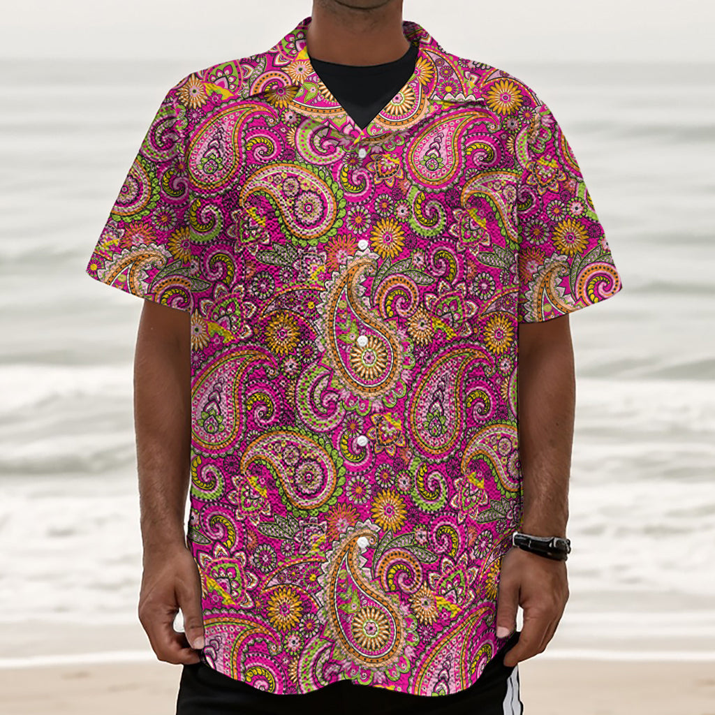 Retro Paisley Pattern Print Textured Short Sleeve Shirt