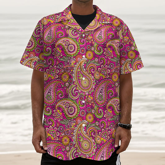 Retro Paisley Pattern Print Textured Short Sleeve Shirt