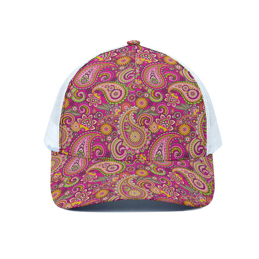 Retro Paisley Pattern Print White Mesh Trucker Cap