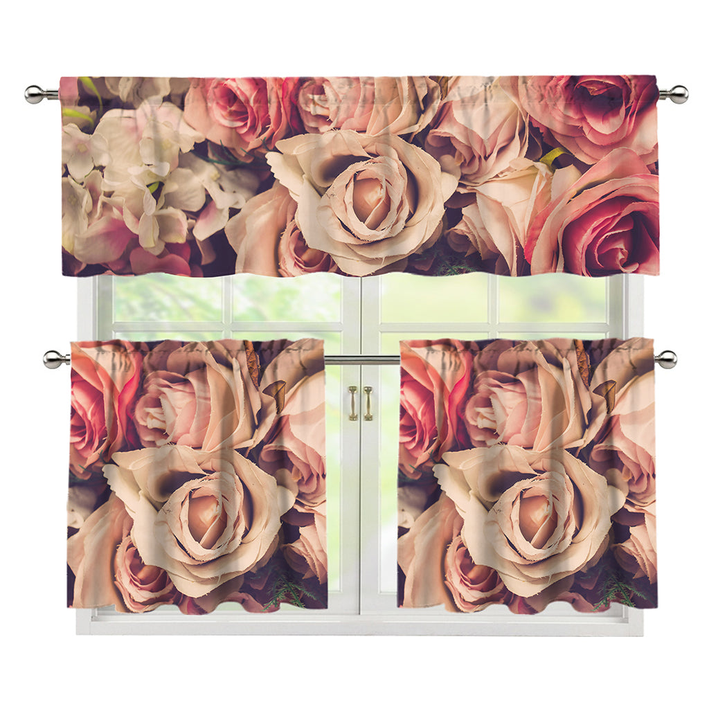 Retro Pink Roses Floral Print 3 Piece Kitchen Curtains