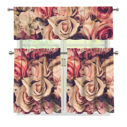 Retro Pink Roses Floral Print 3 Piece Kitchen Curtains