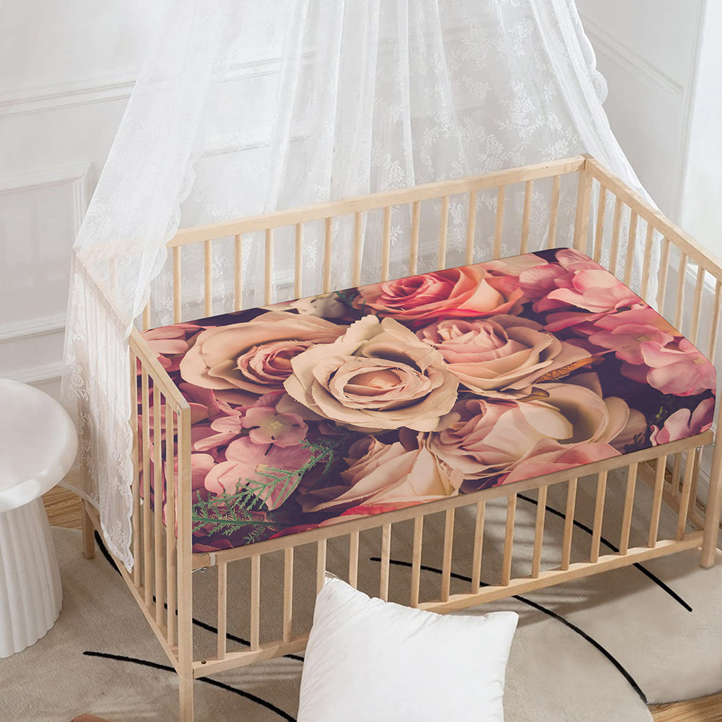 Retro Pink Roses Floral Print Baby Crib Sheet