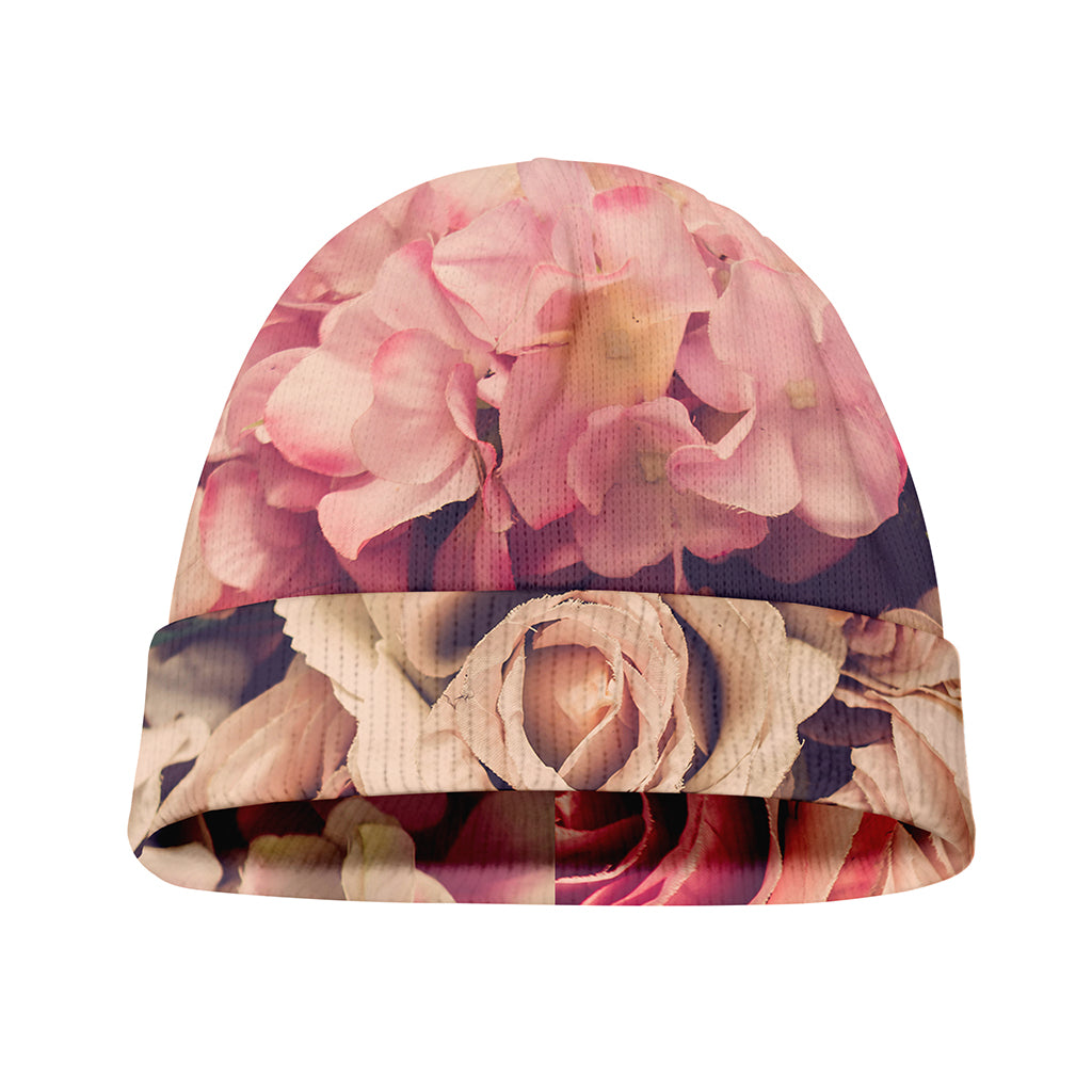 Retro Pink Roses Floral Print Beanie