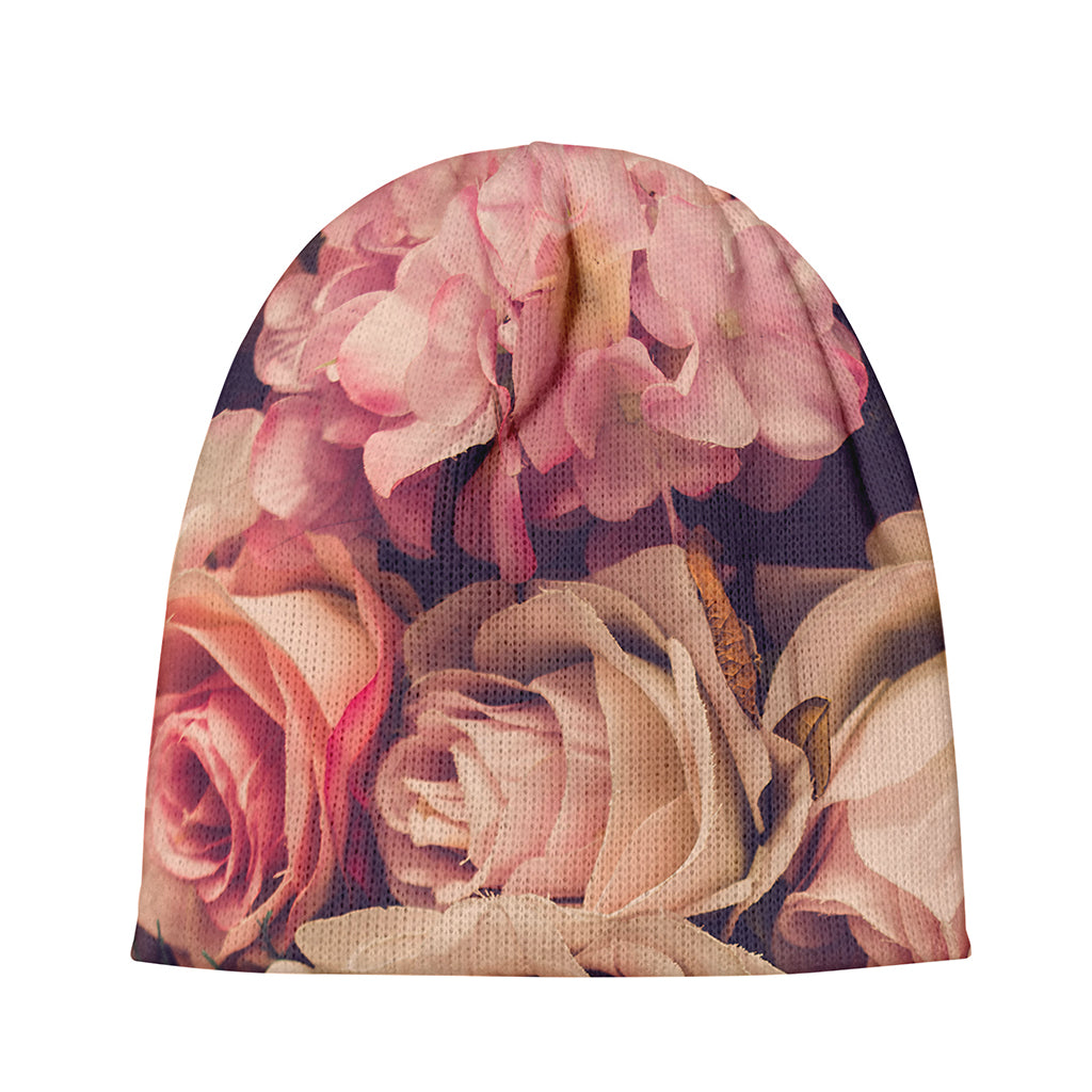 Retro Pink Roses Floral Print Beanie