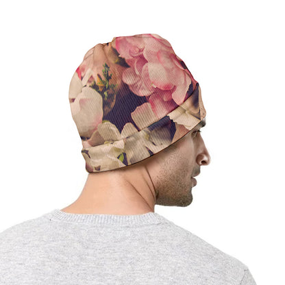 Retro Pink Roses Floral Print Beanie
