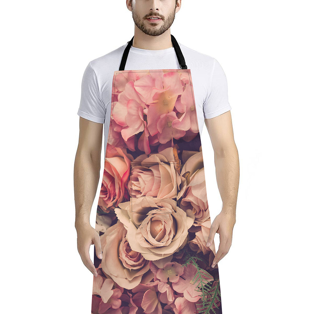 Retro Pink Roses Floral Print Bib Apron With Pocket