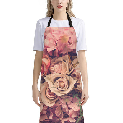 Retro Pink Roses Floral Print Bib Apron With Pocket