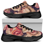Retro Pink Roses Floral Print Black Chunky Shoes