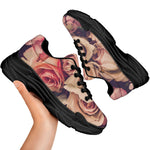 Retro Pink Roses Floral Print Black Chunky Shoes
