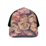 Retro Pink Roses Floral Print Black Mesh Trucker Cap