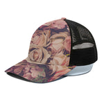 Retro Pink Roses Floral Print Black Mesh Trucker Cap