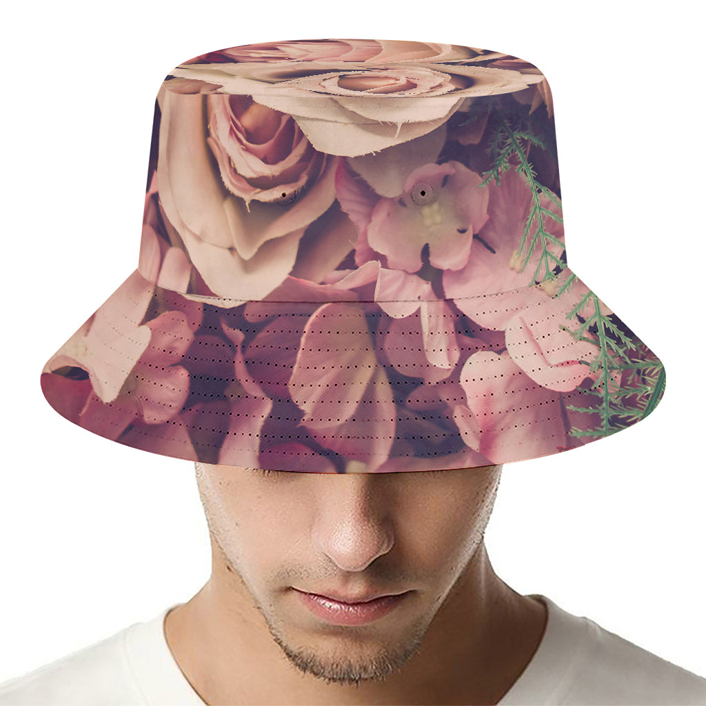 Retro Pink Roses Floral Print Bucket Hat