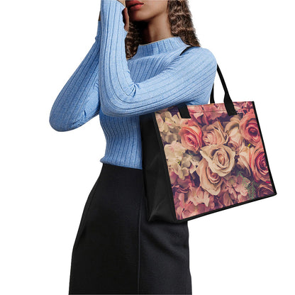 Retro Pink Roses Floral Print Canvas Tote Bag