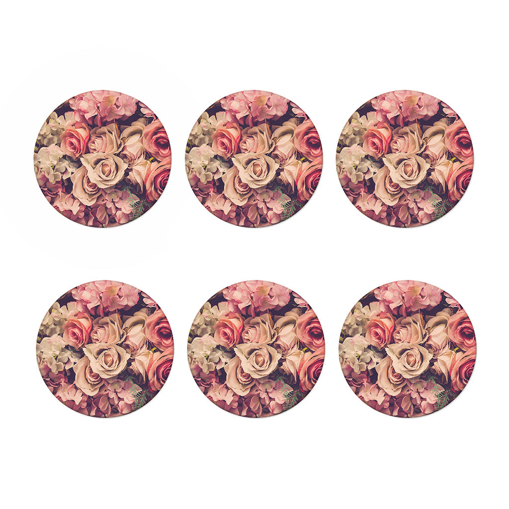 Retro Pink Roses Floral Print Coaster Set