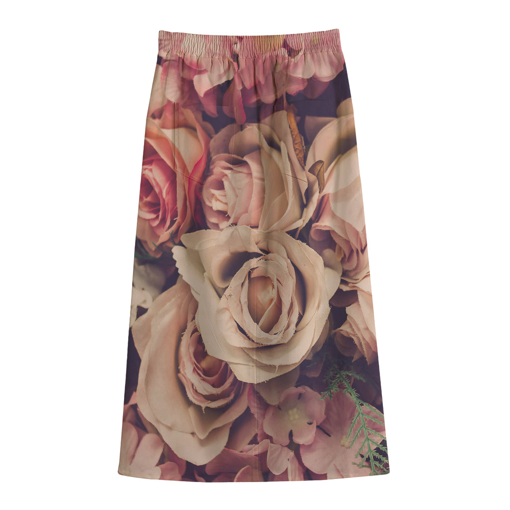 Retro Pink Roses Floral Print Cotton Front Slit Maxi Skirt