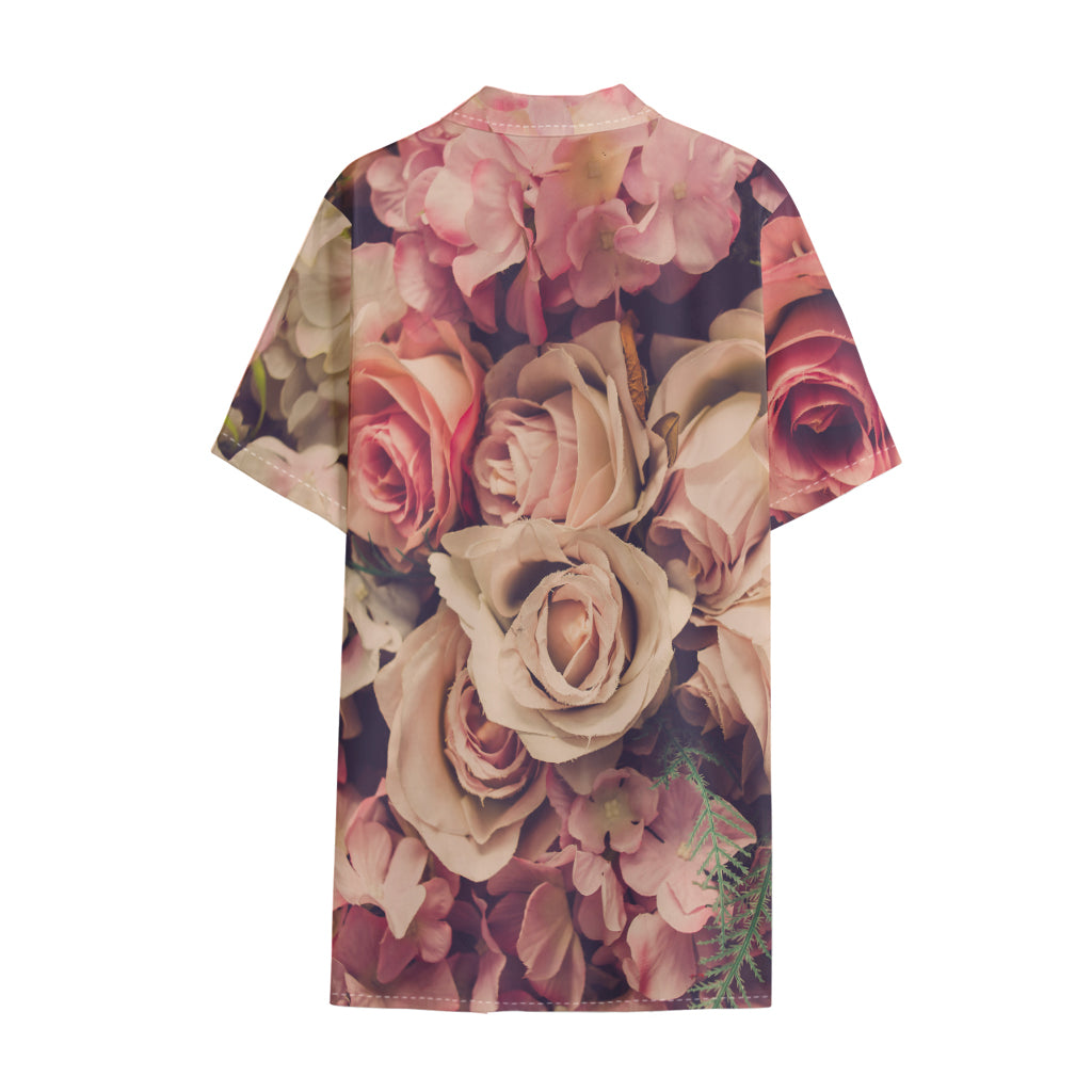 Retro Pink Roses Floral Print Cotton Hawaiian Shirt