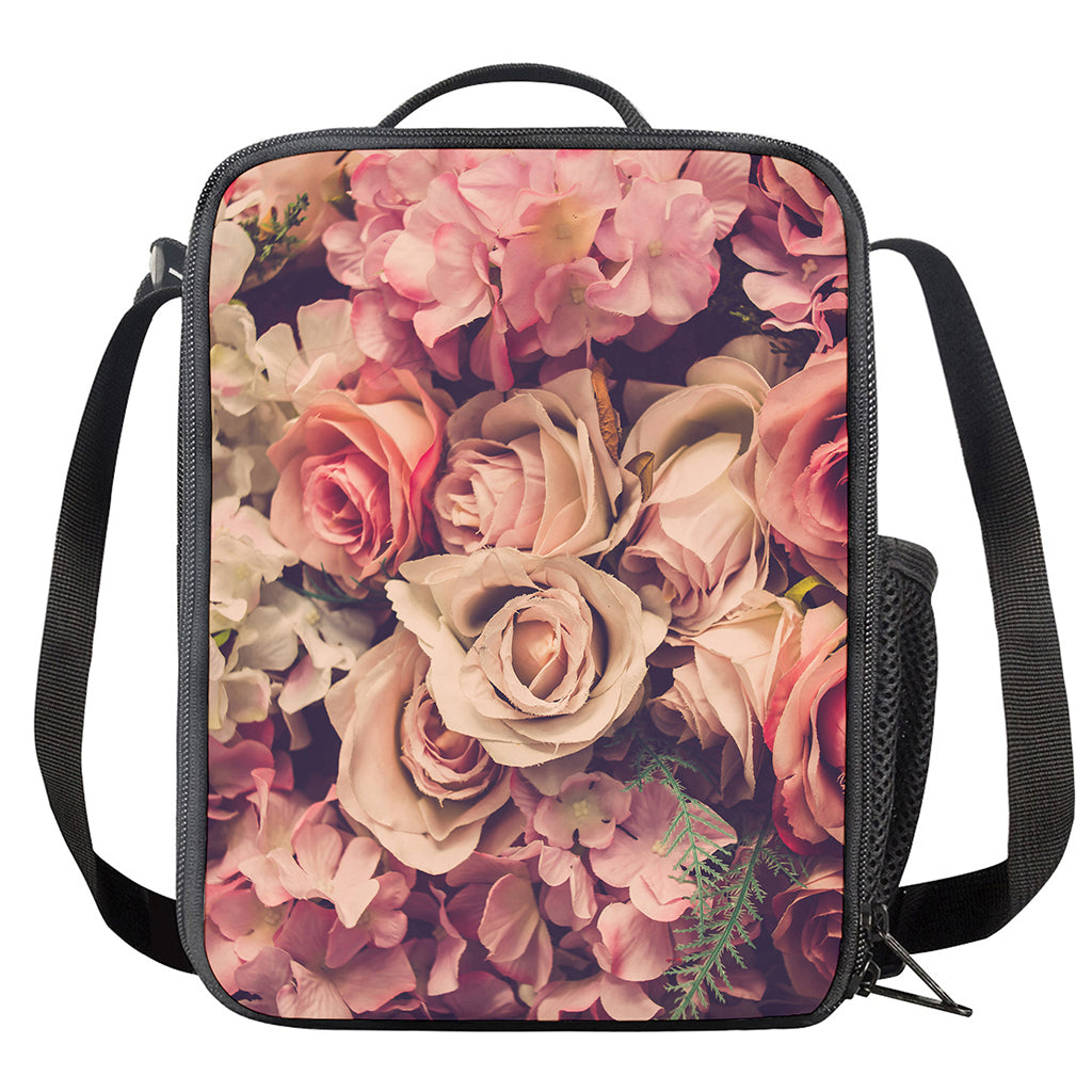 Retro Pink Roses Floral Print Crossbody Lunch Bag