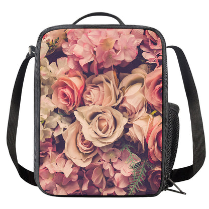 Retro Pink Roses Floral Print Crossbody Lunch Bag