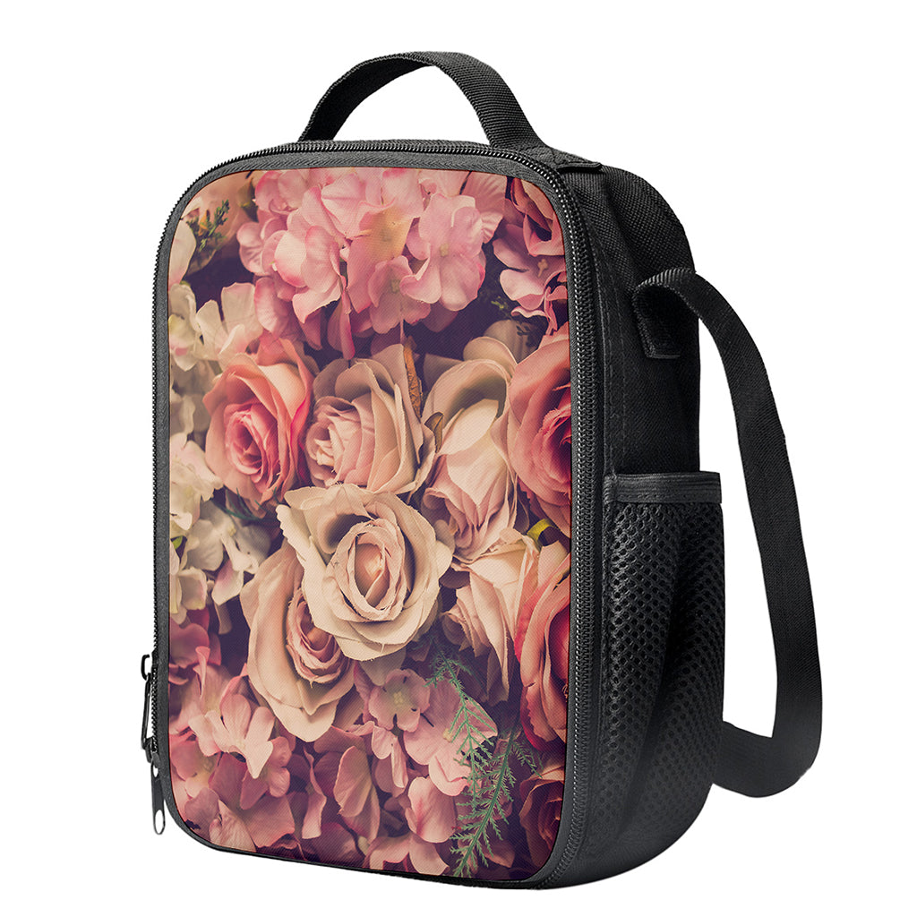 Retro Pink Roses Floral Print Crossbody Lunch Bag