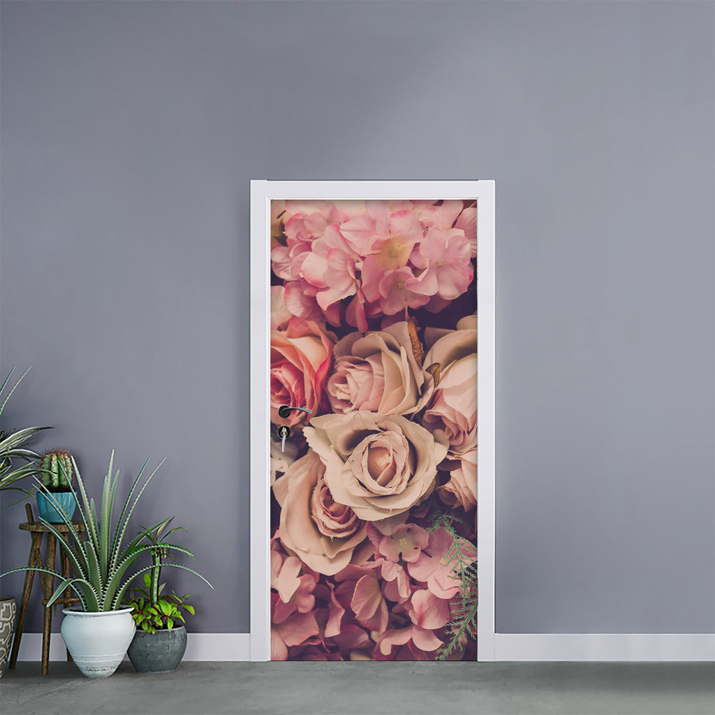Retro Pink Roses Floral Print Door Sticker