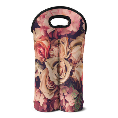 Retro Pink Roses Floral Print Double Neoprene Wine Tote