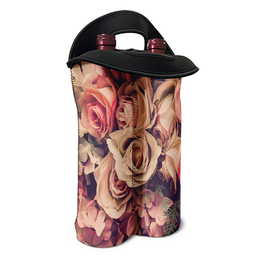Retro Pink Roses Floral Print Double Neoprene Wine Tote