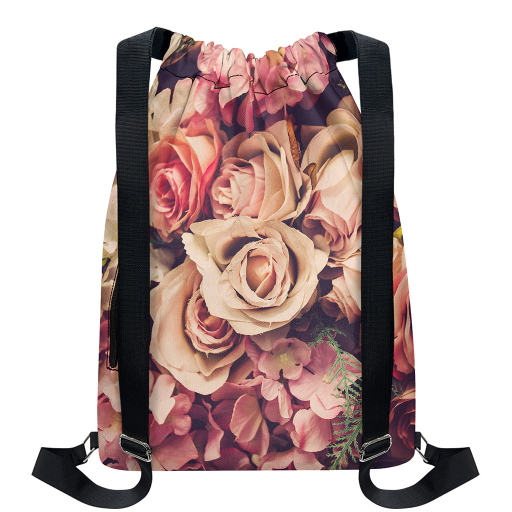 Retro Pink Roses Floral Print Drawstring Backpack