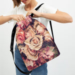 Retro Pink Roses Floral Print Drawstring Backpack