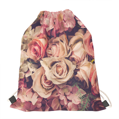 Retro Pink Roses Floral Print Drawstring Bag