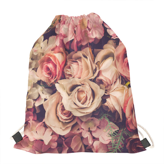 Retro Pink Roses Floral Print Drawstring Bag